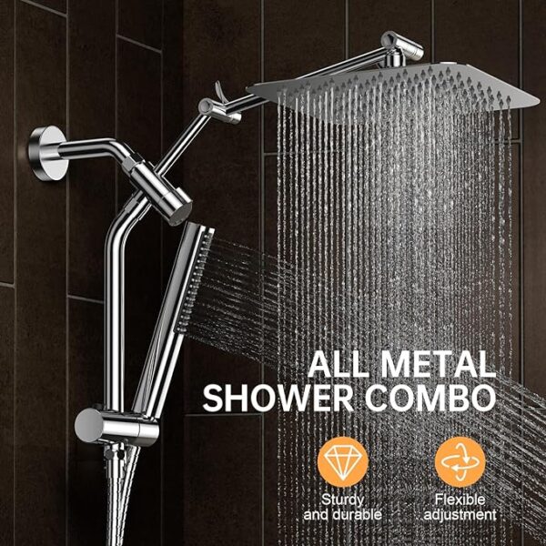 Veken 10" Luxurious All-Metal Rain Shower Head with Handheld Combo – High-Pressure Dual Square Showerheads with Extension Arm, Chrome Silver - Image 4