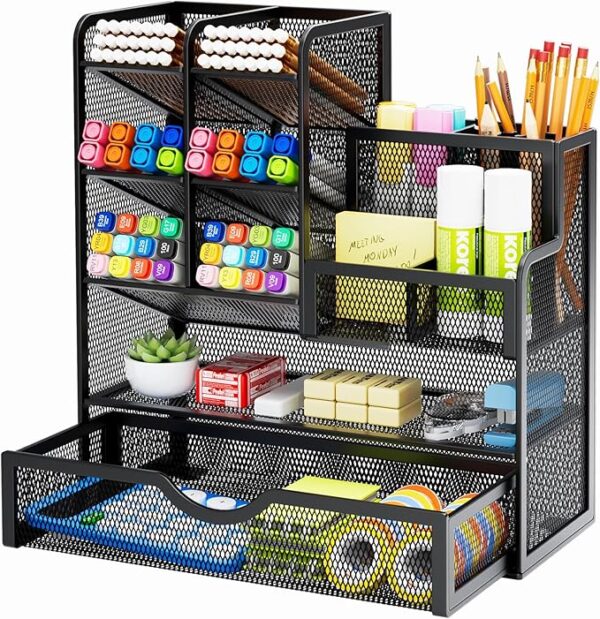 Marbrasse Mesh Pen Holder with Drawer – Multi-Functional Desk Organizer for Office & Art Supplies (Black)