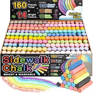 160 PCS washable jumbo sidewalk chalk set for kids with 14 bright colors, neon, and glitter chalks – perfect for outdoor play, chalkboards, and party fun Image resources from Amazon