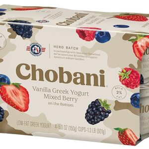 Chobani low-fat vanilla Greek yogurt with mixed berry on the bottom – 5.3oz 4-pack, high-protein probiotic snack for breakfast or on-the-go in the USA