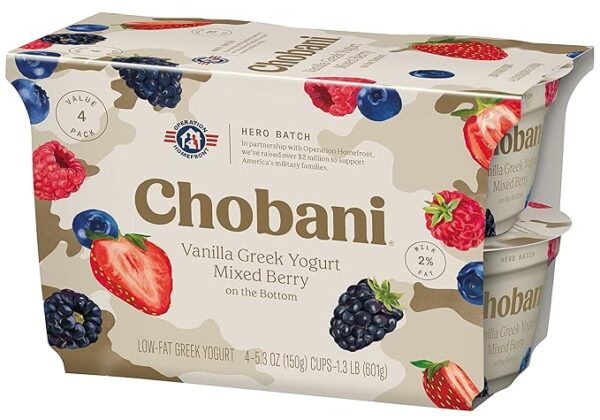 Chobani low-fat vanilla Greek yogurt with mixed berry on the bottom – 5.3oz 4-pack, high-protein probiotic snack for breakfast or on-the-go in the USA