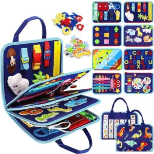 Esjay Toddler Busy Board – Montessori Sensory Toy for Fine Motor Skills Development – Travel Toy for Toddlers, Blue Dinosaur