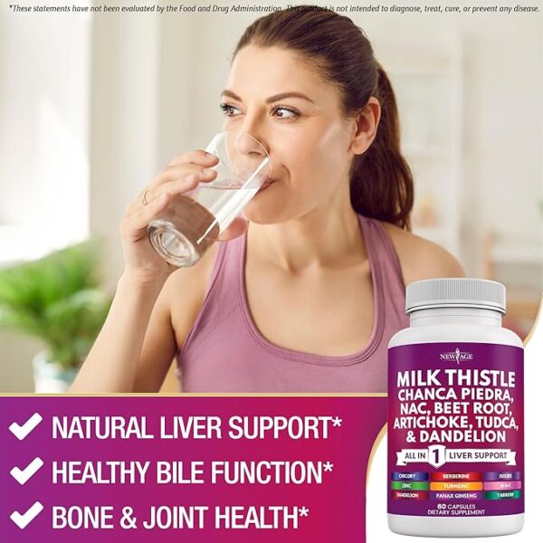 NEW AGE Liver Support Supplement – Milk Thistle, NAC, Chanca Piedra, Beet Root, Artichoke, Dandelion Root, Astragalus, TUDCA & Ginger – 120 Capsules - Image 2