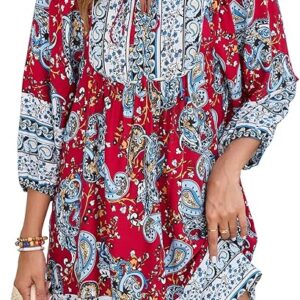 Qearal Women’s Casual V-Neck Boho Floral Dress – 3/4 Sleeve Loose Short Mini Beach Summer Dress