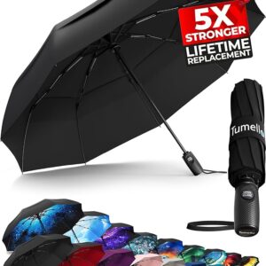 TUMELLA strongest windproof compact travel umbrella, automatic folding, black with premium grip – small, durable, lightweight, fits in car or backpack