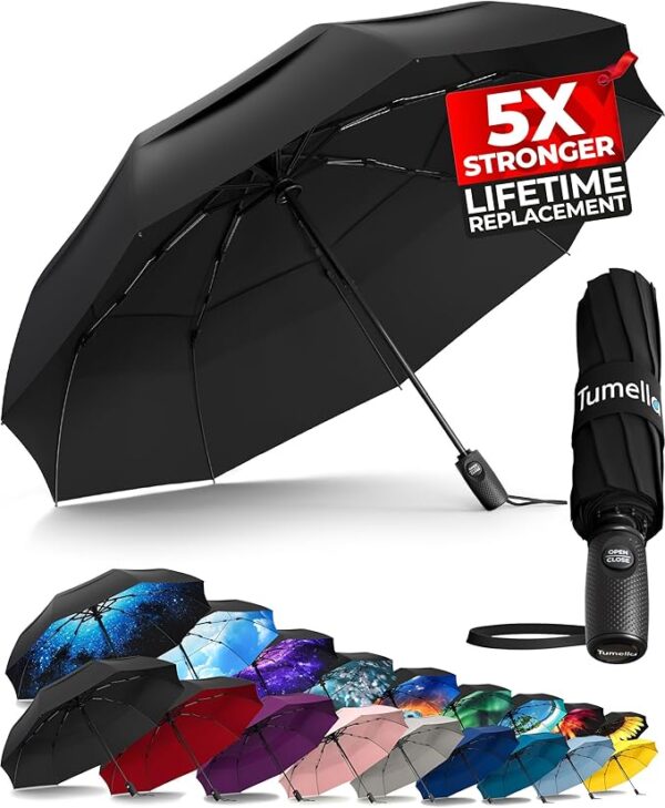 TUMELLA strongest windproof compact travel umbrella, automatic folding, black with premium grip – small, durable, lightweight, fits in car or backpack