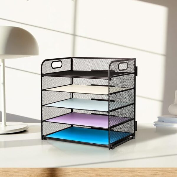 Supeasy 5-Tray Mesh Paper Organizer with Handle – Letter Tray File Sorter for Office, Home & School - Image 2