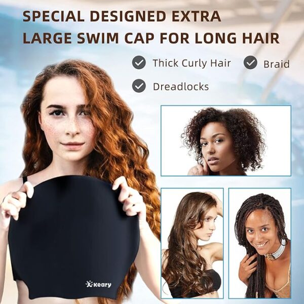 Keary Extra Large Swim Cap for Braids, Dreadlocks & Long Hair – Waterproof Silicone Cover for Adults & Youth, Easy to Wear & Keep Hair Dry - Image 2