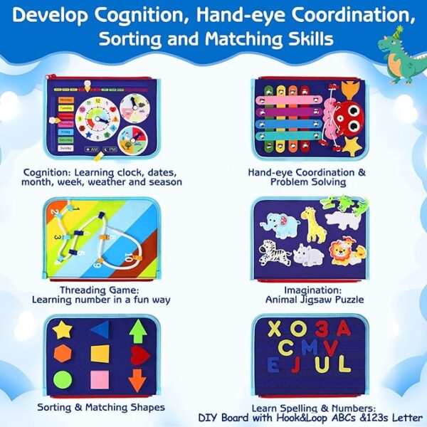 Esjay Toddler Busy Board – Montessori Sensory Toy for Fine Motor Skills Development – Travel Toy for Toddlers, Blue Dinosaur - Image 5