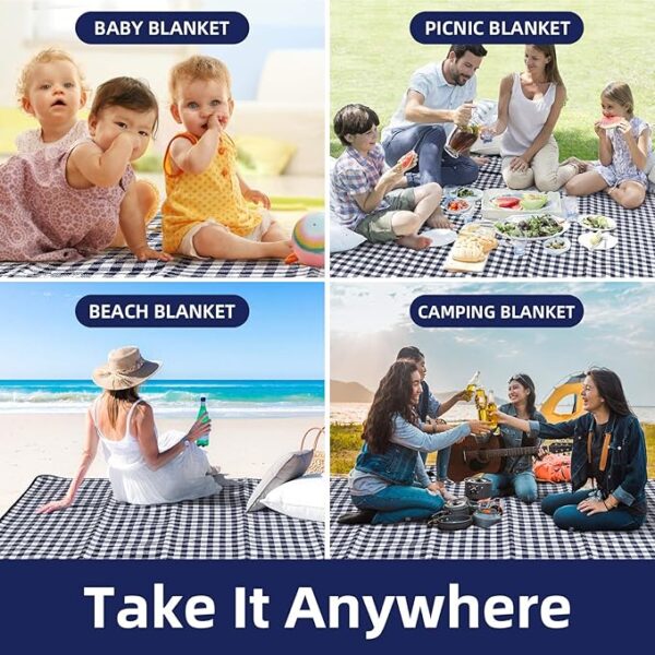 ZAZE Extra Large Picnic Blanket – 80"x80" Waterproof, Sandproof, Foldable Outdoor Mat for Beach, Camping, Park, or Travel (Blue & White, Machine Washable) - Image 2