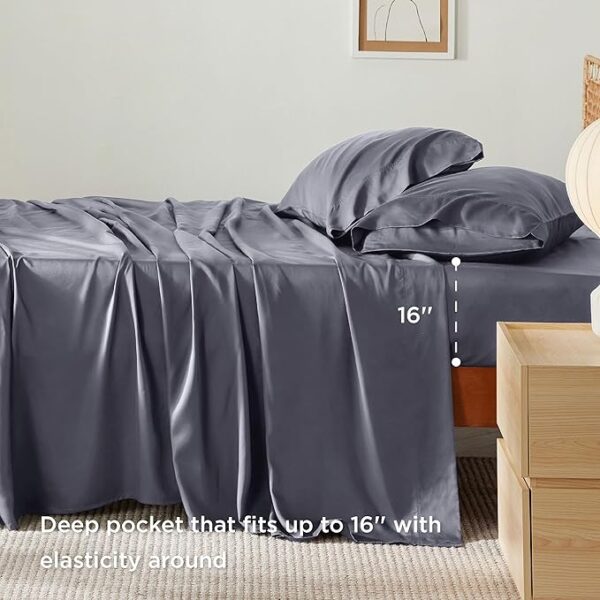 Bedsure Queen Sheet Set – Cooling Bamboo Rayon Sheets, Breathable & Silky Soft with Deep Pockets, Luxury Bedding for Hot Sleepers (Dark Grey) - Image 4
