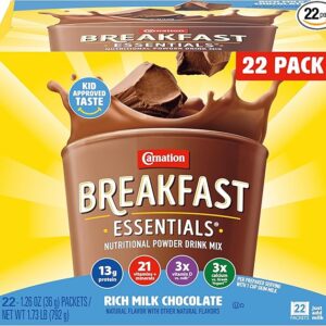 Carnation Breakfast Essentials powder drink mix – rich milk chocolate flavor, 22-count box of 1.26oz packets for energy-packed breakfasts in the USA