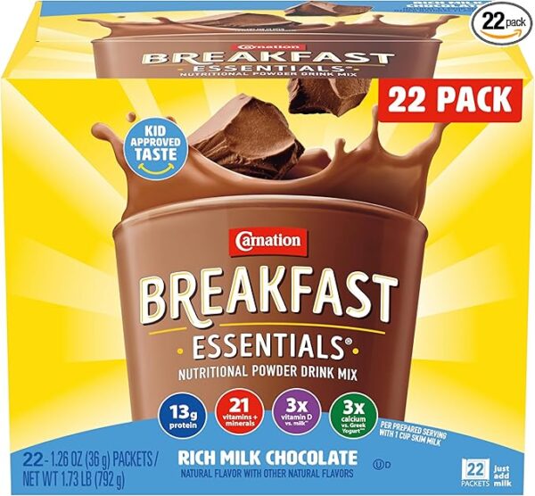 Carnation Breakfast Essentials powder drink mix – rich milk chocolate flavor, 22-count box of 1.26oz packets for energy-packed breakfasts in the USA
