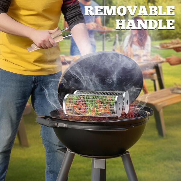 Rolling Grill Basket Set (2PCS) – Stainless Steel BBQ Tool with Wooden Handle for Vegetables, Shrimp & More - Image 2