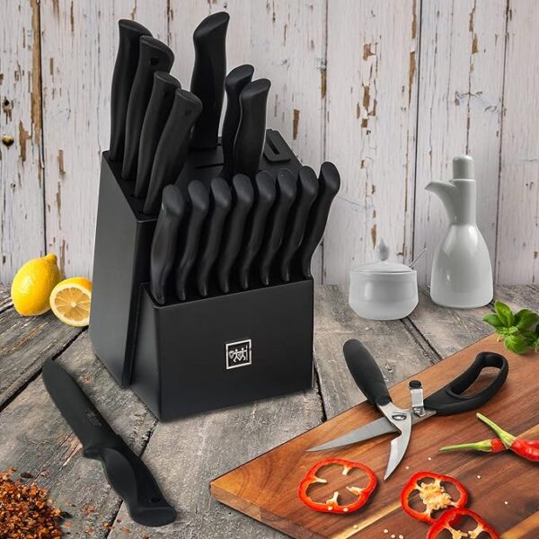 HUNTER.DUAL 19-Piece Kitchen Knife Set with Block – Self-Sharpening, Dishwasher Safe, Anti-Slip Handle (Black) - Image 3