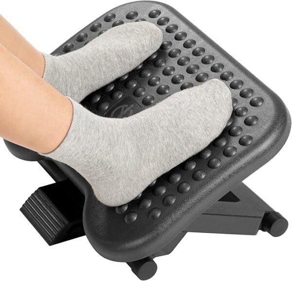 HUANUO adjustable under desk footrest with massage surface, 3 height settings, and 30° tilt – ergonomic foot support for home and office use Image resources from Amazon