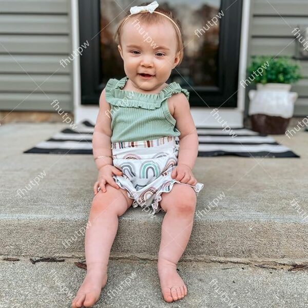 FHUTPW Baby Girl Summer Outfit – Cute Spaghetti Strap Romper & Floral Shorts Set for 3–18 Months - Image 2