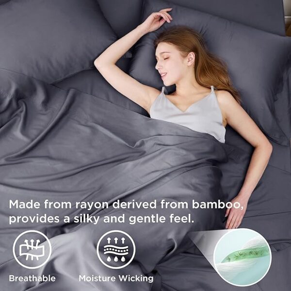 Bedsure Queen Sheet Set – Cooling Bamboo Rayon Sheets, Breathable & Silky Soft with Deep Pockets, Luxury Bedding for Hot Sleepers (Dark Grey) - Image 3