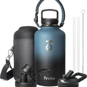 Trebo 64oz insulated stainless steel water bottle in indigo/black – half gallon leakproof jug with paracord handle, holder strap, straw and spout lids Image resources from Amazon