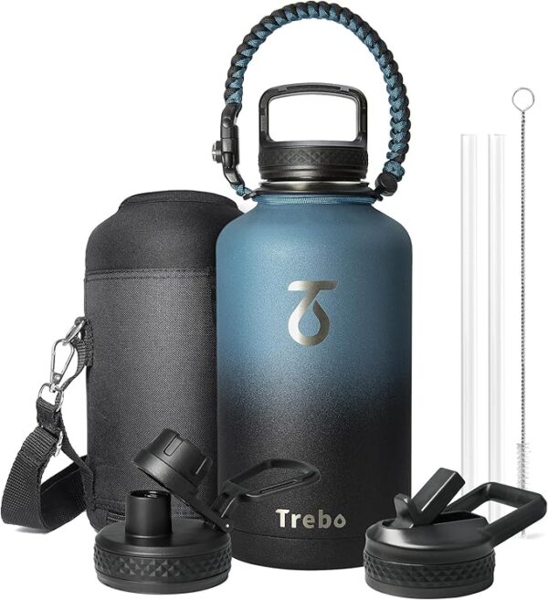 Trebo 64oz indigo/black stainless steel water bottle with paracord handle, strap, and straw/spout lids – insulated and leakproof for hot or cold drinks