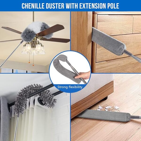 Retractable Microfiber Duster for Cleaning – 30" to 100" Extension Pole, Bendable Feather Duster for High Ceilings, Fans, Furniture & Gaps - Image 3
