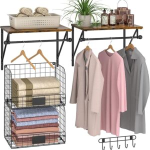 Wall-mounted laundry room shelves with black wire baskets and drying rack – over washer and dryer shelf for organization and storage, wood and metal design Image resorces from Amazon