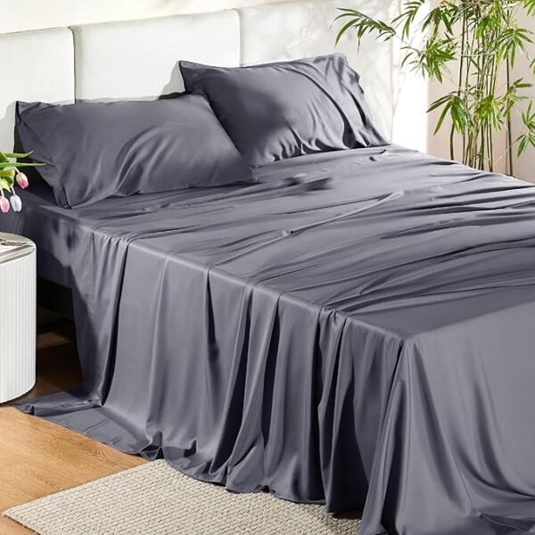Bedsure queen size cooling sheet set in dark grey – breathable bamboo rayon sheets with deep pockets for hot sleepers and hotel-style luxury comfort Image resources from Amazon