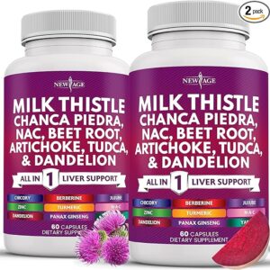NEW AGE Liver Support Supplement – Milk Thistle, NAC, Chanca Piedra, Beet Root, Artichoke, Dandelion Root, Astragalus, TUDCA & Ginger – 120 Capsules