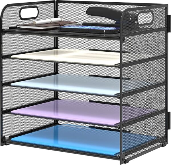 Supeasy 5-Tray Mesh Paper Organizer with Handle – Letter Tray File Sorter for Office, Home & School