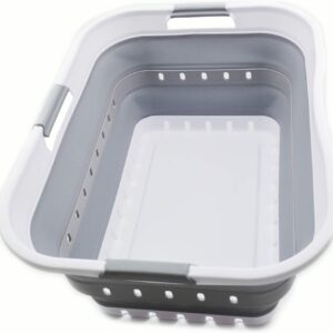 sammart 42l (11 gallon) collapsible laundry basket – foldable pop up plastic hamper with comfort grip handles, bpa free space saving storage organizer for home, dorm & car (white/grey)